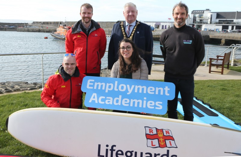 Mayor of Causeway Coast and Glens, Councillor Steven Callaghan launches the Lifeguarding Academy with Conard McCullagh and Michael Thompson from RNLI, Chloe Stewart from the Labour Market Partnership, Carl Russell from Sub 6.