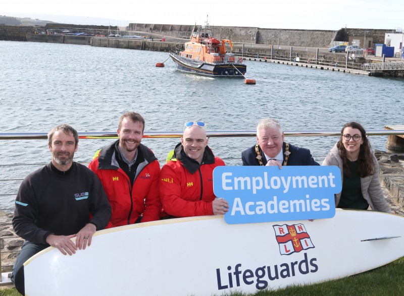 Mayor of Causeway Coast and Glens, Councillor Steven Callaghan launches the Lifeguarding Academy with Carl Russell from Sub 6, Conard McCullagh and Michael Thompson from RNLI, Chloe Stewart from the Labour Market Partnership.