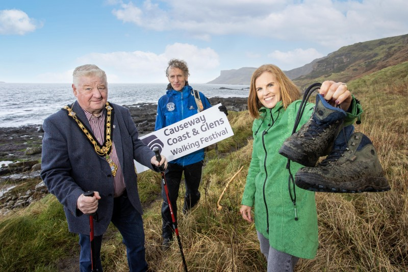 Mayor of Causeway Coast and Glens, Councillor Steven Callaghan launches the Walking Festival 2024 alongside Kerrie McGonigle, Council’s Destination Tourism Manager, and Lawrence McBride, Director of Far and Wild.